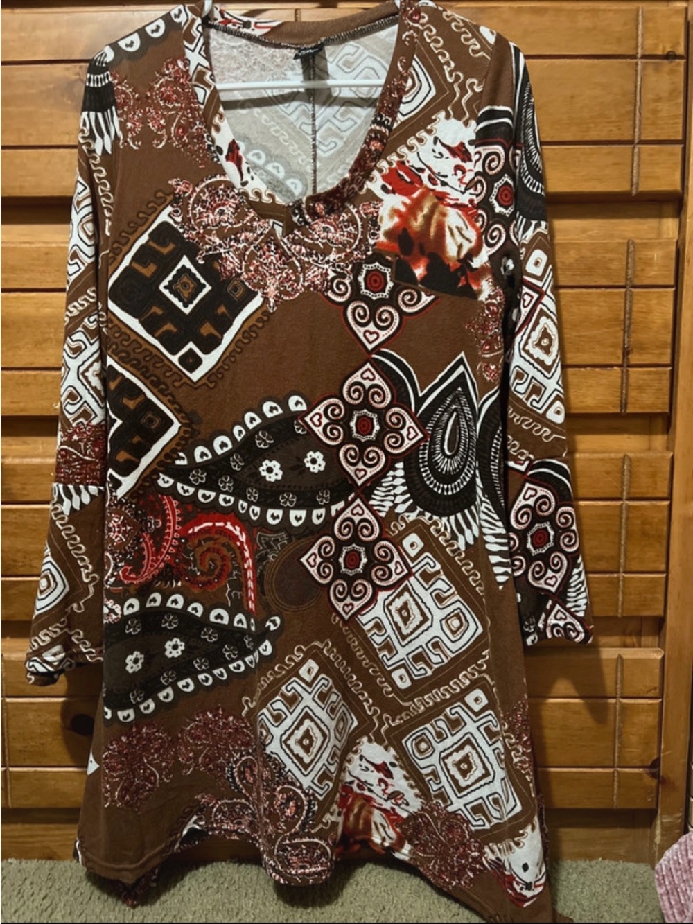 Women's Brown Printed Long Sleeve V-Neck Tunic Top Boho